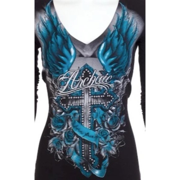 Archaic Affliction Women's T-Shirt Long Sleeve ROSEMARY Tattoo Biker Black Teal - Picture 5 of 7